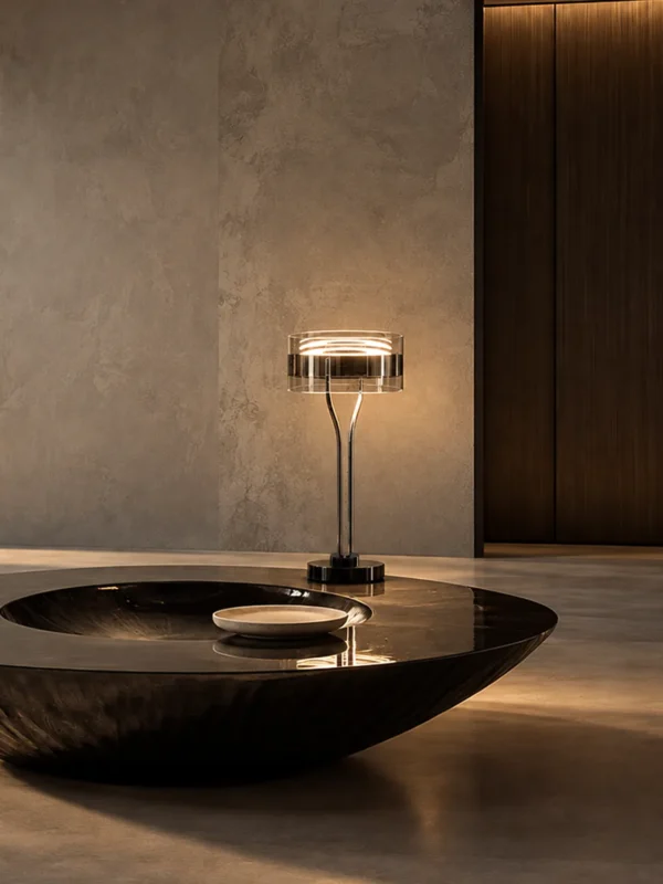 Elion circular table lamp with Pearl Black and Chrome finishes on a dark round table