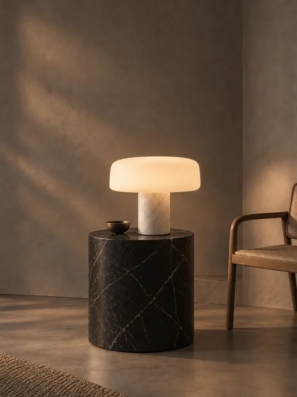 Elvéra table lamp with illuminated white shade displayed on a black marble pedestal