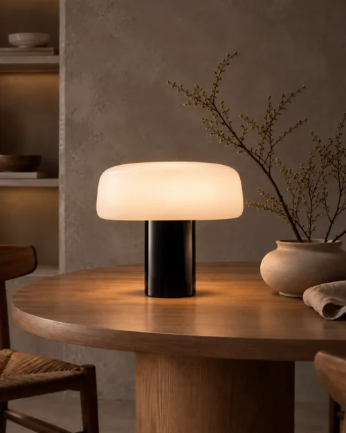 Elvera Table Lamp Contemporary Dining Room Elvéra table lamp with a black cylindrical base on a round wooden dining table