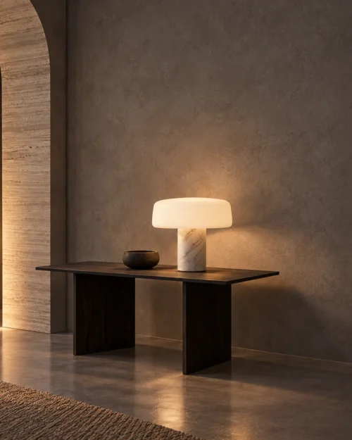 Elvera Table Lamp Modern Console Elvéra white table lamp displayed on a dark wooden console in a contemporary interior