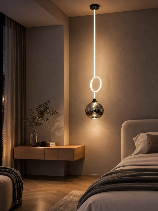 Evadne pendant light with illuminated circular detail beside a contemporary bedroom bed