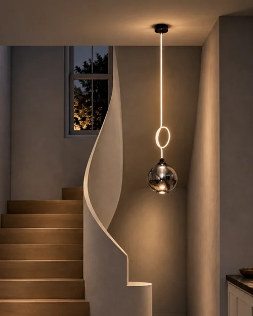 Evadne Pendant Light Staircase Interior Evadne sculptural pendant light suspended beside a modern staircase