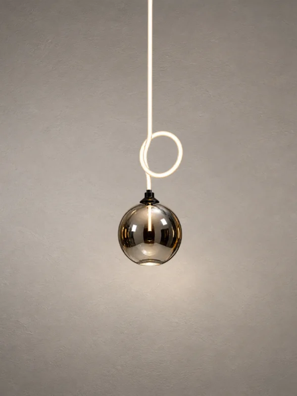 Evadne pendant light with Smokey glass sphere and illuminated circular accent