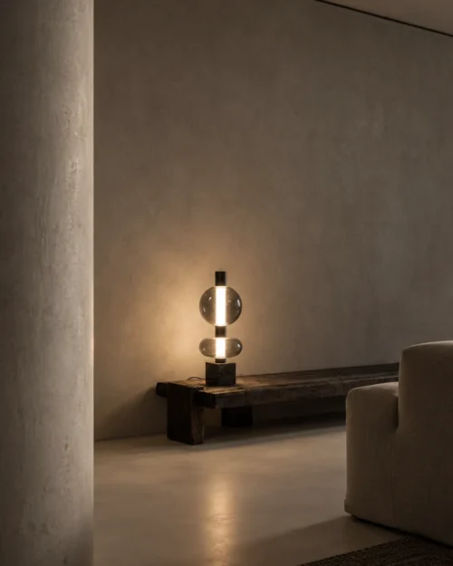 Forma Table Lamp Contemporary Living Room Forma sculptural table lamp displayed on a low wooden console in a modern living room
