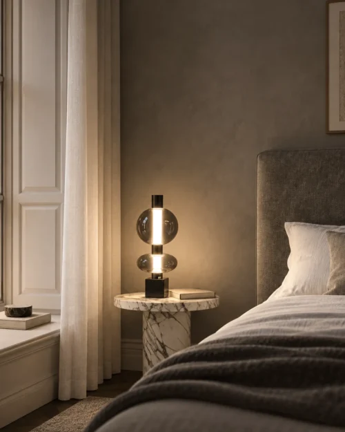 Forma Table Lamp Modern Bedroom Forma table lamp with stacked smoky glass spheres on a marble bedside table