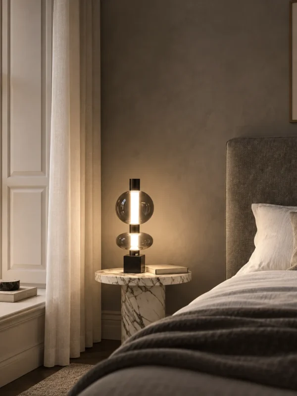 Forma table lamp with stacked smoky glass spheres on a marble bedside table