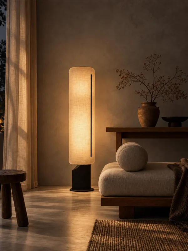 Geremie floor lamp with warm illumination beside a lounge chair in a contemporary living room