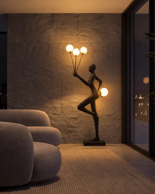 Humano Aria Black Floor Lamp Contemporary Interior Humano Aria black fiberglass floor lamp with four illuminated globes in a contemporary living room