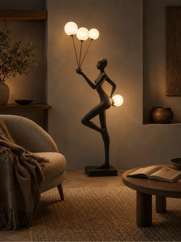 Humano Aria floor lamp featuring a graceful black figure holding glowing spherical lights beside a modern sofa