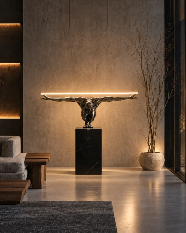 Humano Squatting sculptural floor lamp displayed in a contemporary living room