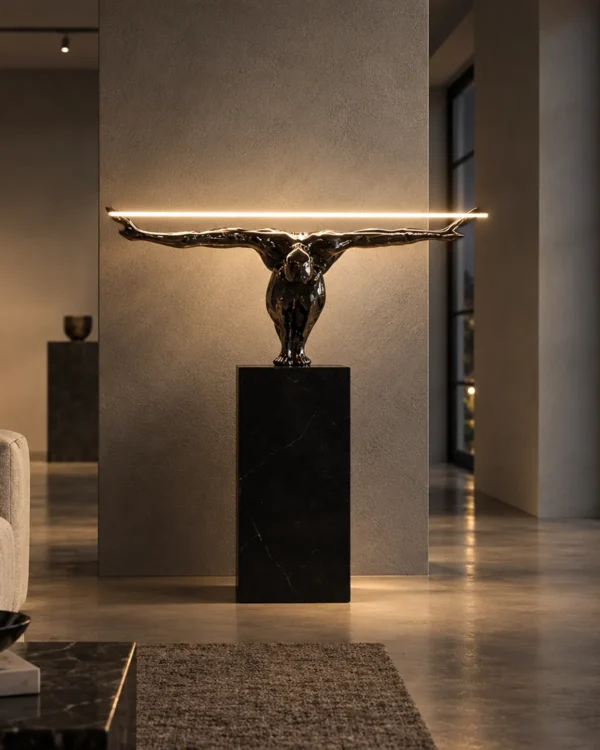 Humano Squatting floor lamp with Gunmetal figure and Black marble base in a modern interior