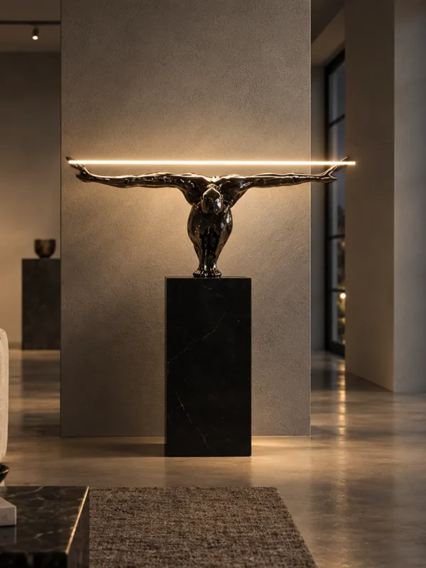 Humano Squatting floor lamp with Gunmetal figure and Black marble base in a modern interior