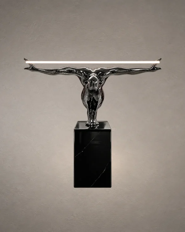 Humano Squatting floor lamp with human figure and elongated illuminated bar
