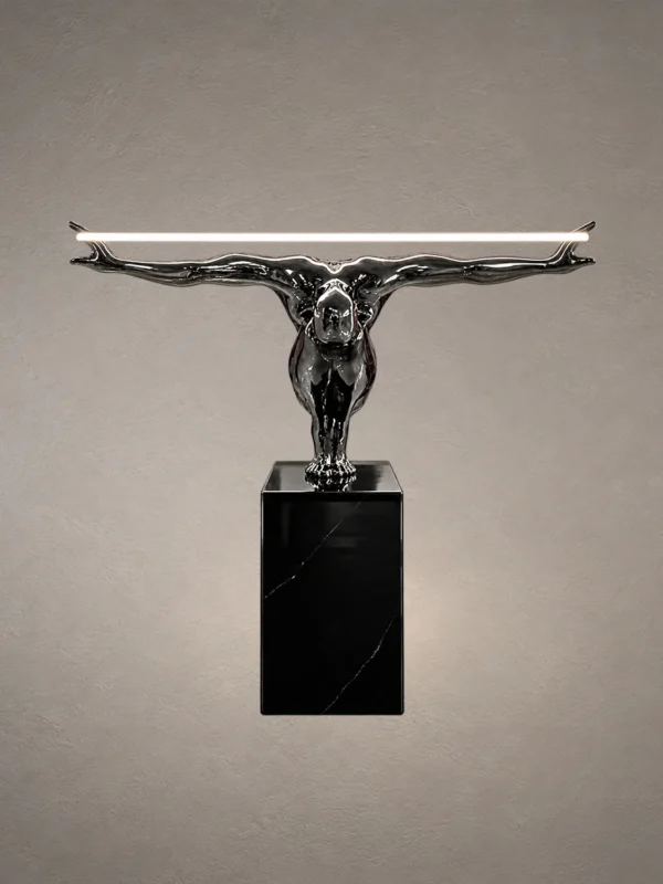 Humano Squatting floor lamp with human figure and elongated illuminated bar