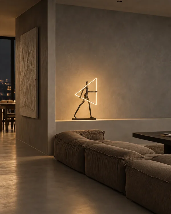 Humano Triangle sculptural floor lamp in a contemporary living room