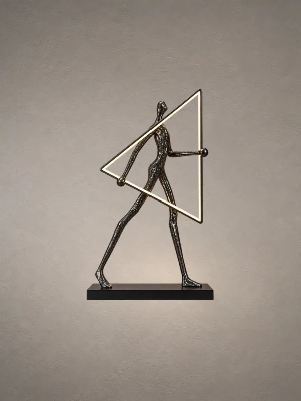 Humano Triangle sculptural floor lamp with human figure and geometric illuminated frame