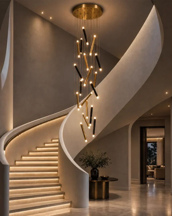 Kendra 18 sculptural chandelier in Black and Gold beside a contemporary staircase