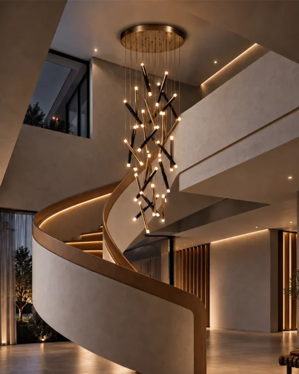 Kendra 24 sculptural chandelier suspended above a modern staircase