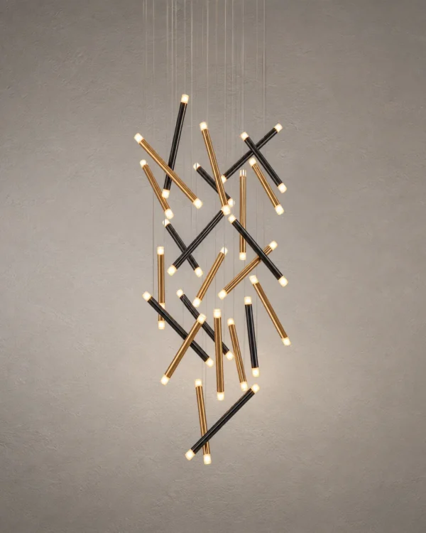 Kendra 24 chandelier with intersecting Black and Gold linear elements