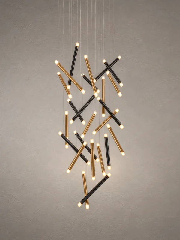 Kendra 24 chandelier with intersecting Black and Gold linear elements
