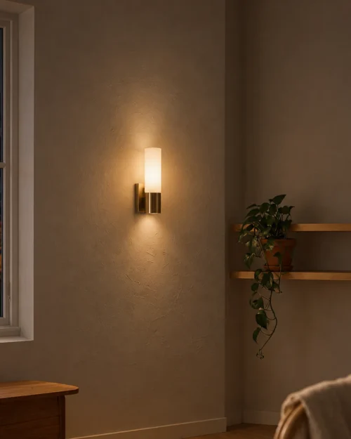 Kianna gold wall lamp providing warm illumination on a neutral wall beside decorative shelving