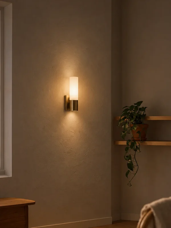 Kianna gold wall lamp providing warm illumination on a neutral wall beside decorative shelving