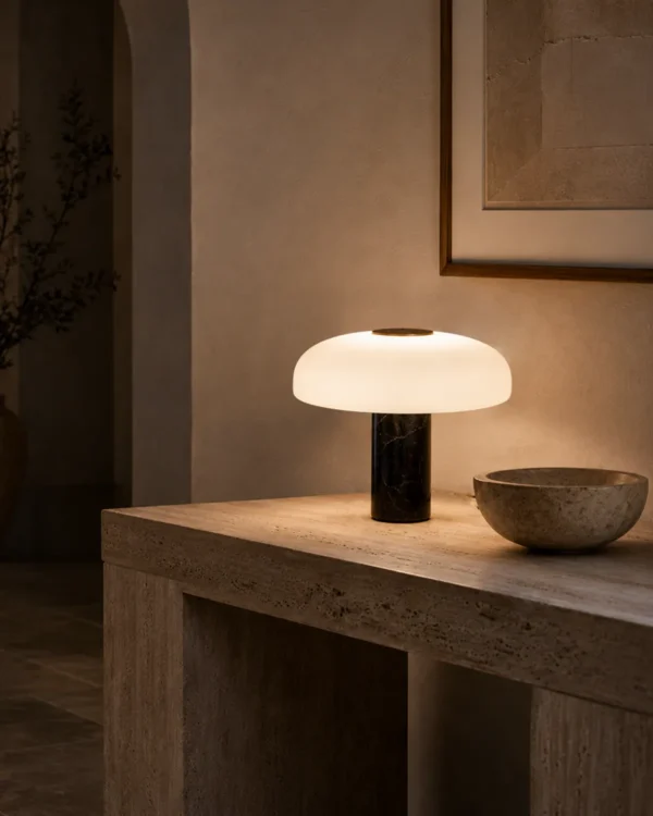 Kiel Black table lamp with dome-shaped shade in a modern interior