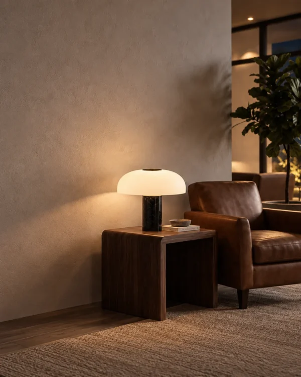 Kiel table lamp displayed beside a chair in a contemporary living room