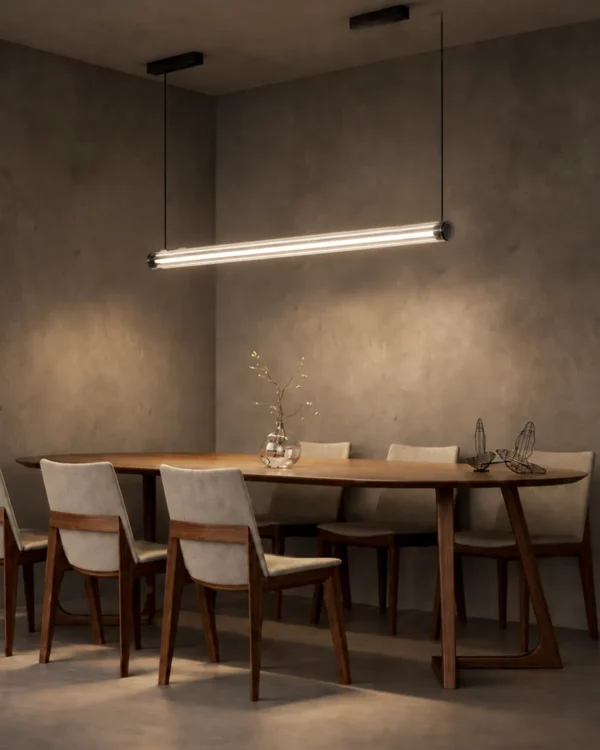 Kori 120 Gun Black chandelier above a contemporary dining table