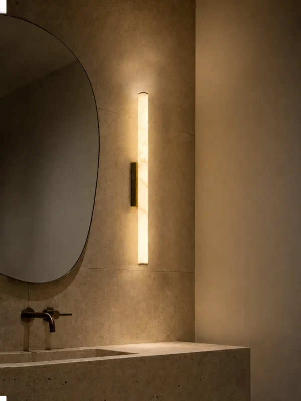 Leti vertical wall lamp beside a mirror in a modern bathroom