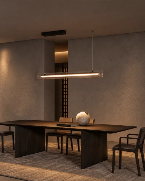 Linia Chandelier Modern Dining Interior Linia chandelier with minimalist horizontal design above a modern dining table