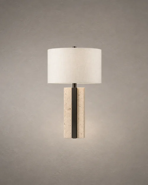 Lithos Modern Table Lamp Lithos table lamp with cylindrical white fabric shade and textured stone-inspired base