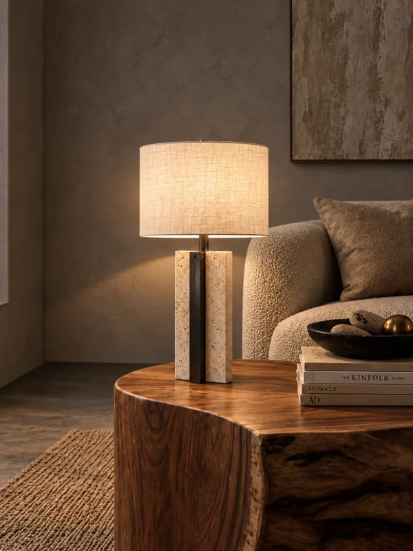 Lithos table lamp with white drum shade on a wooden side table beside an upholstered sofa