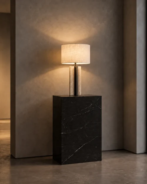 Lithos Table Lamp Modern Interior Lithos table lamp displayed on a black stone pedestal in a contemporary interior