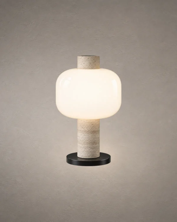 Milky Shine table lamp with rounded white shade and cylindrical body
