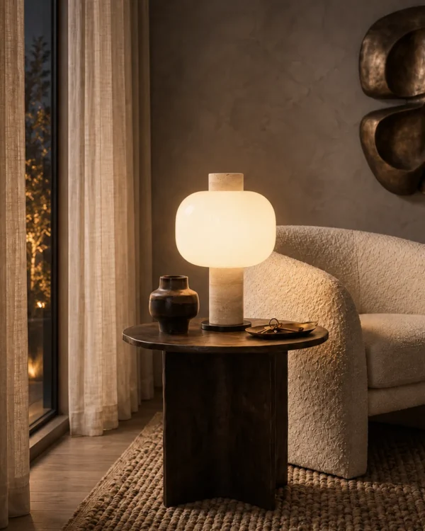 Milky Shine table lamp displayed beside a sofa in a contemporary living room