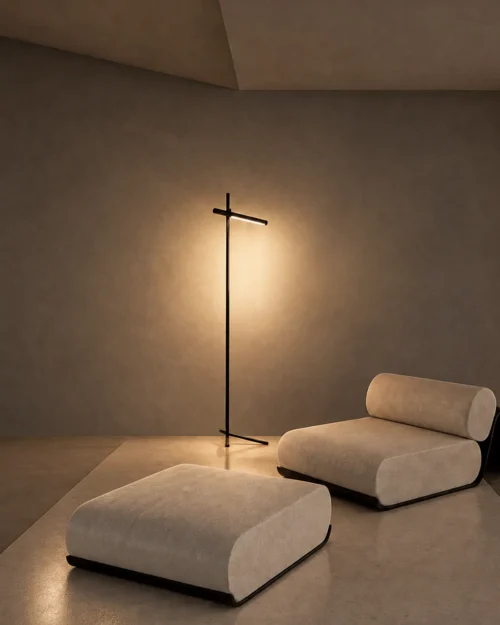 Mithra Floor Lamp Modern Living Room Mithra minimalist black floor lamp beside a contemporary upholstered lounge chair