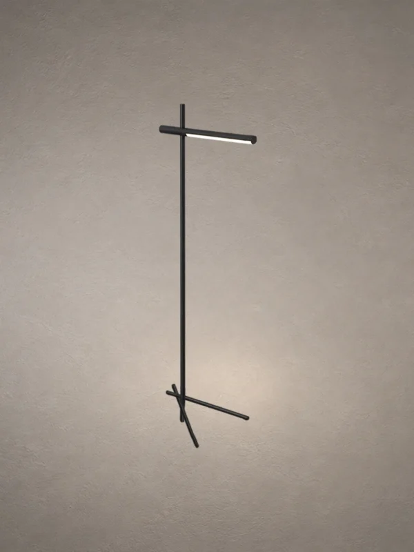 Mithra black floor lamp featuring a slender vertical frame and horizontal illuminated bar
