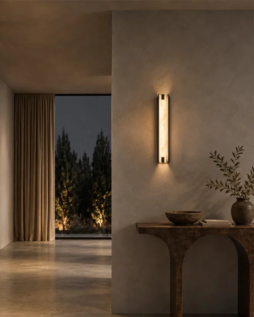 Miyake Strip Wall Lamp Modern Hallway Miyake Strip wall lamp illuminating a textured wall above a wooden console in a contemporary hallway