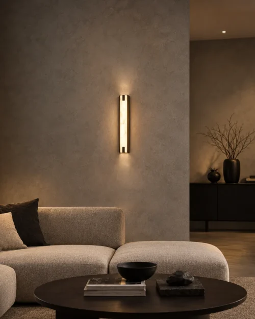 Miyake Strip Wall Lamp Modern Living Room Miyake Strip linear wall lamp mounted beside a curved sofa in a warm contemporary living room