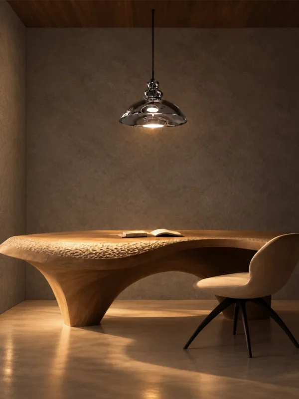 Monica smokey grey glass pendant light suspended above a sculptural wooden dining table in a contemporary interior