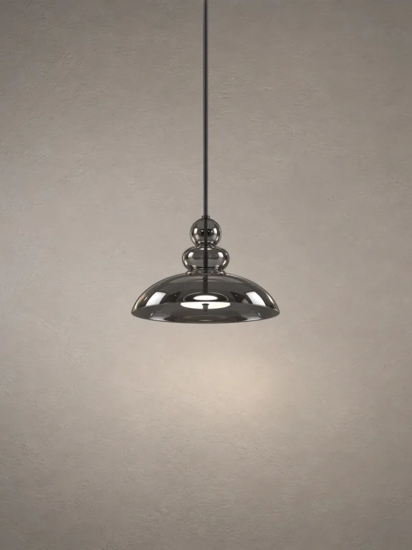 Monica modern pendant light featuring a dome-shaped smokey grey glass shade and decorative spherical detailing