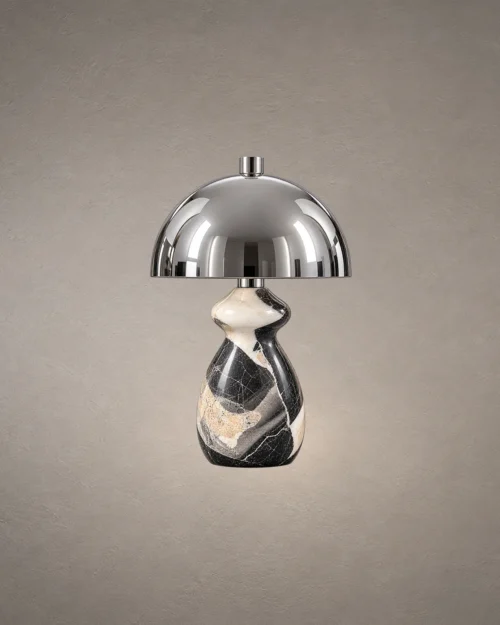 Nero Sculptural Table Lamp Nero table lamp with polished silver dome shade and sculptural black marble-patterned base