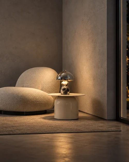 Nero Table Lamp Modern Living Room Nero sculptural table lamp on a round side table beside a curved upholstered chair