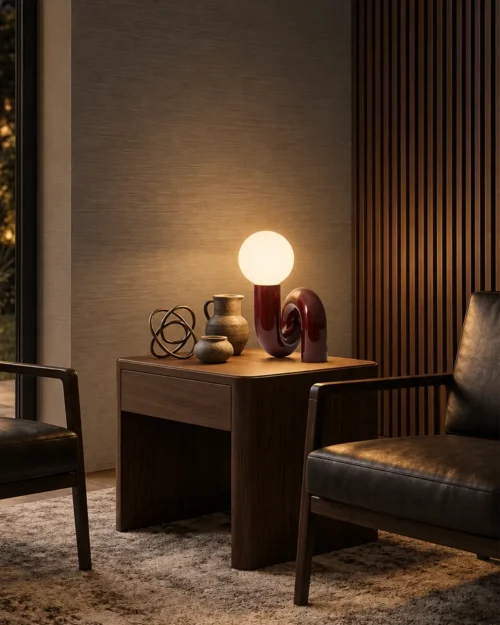 Noelle Table Lamp Contemporary Living Room Noelle table lamp with a glowing white glass globe and maroon curved base on a wooden side table