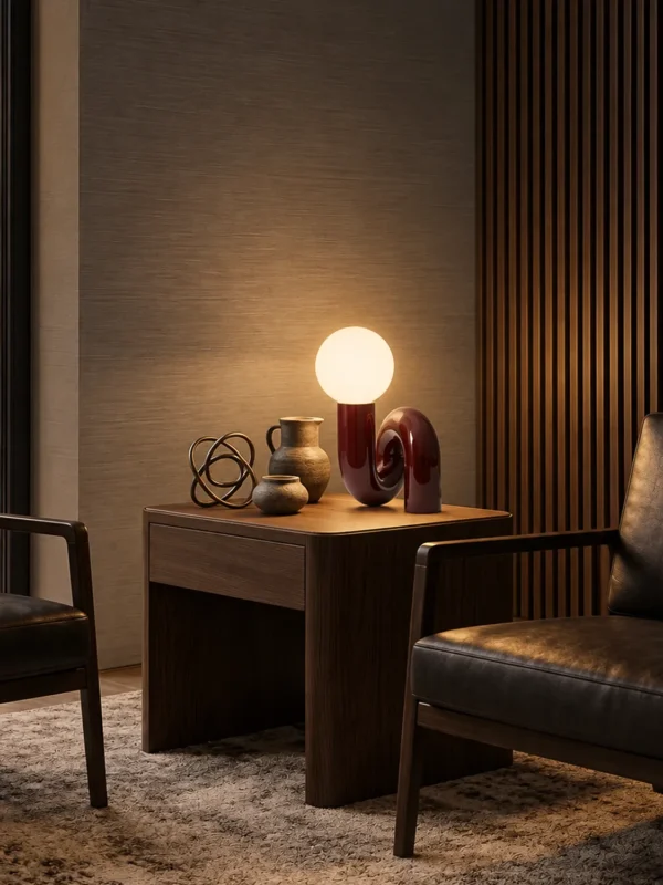 Noelle table lamp with a glowing white glass globe and maroon curved base on a wooden side table