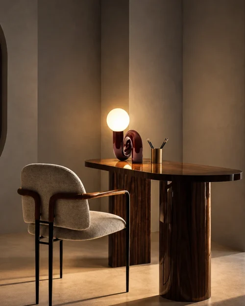 Noelle Table Lamp Modern Interior Noelle maroon sculptural table lamp displayed on a wooden desk beside an upholstered chair