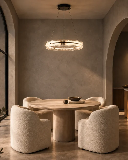 Nova Chandelier Contemporary Dining Interior Nova illuminated ring chandelier above a round dining table with upholstered chairs