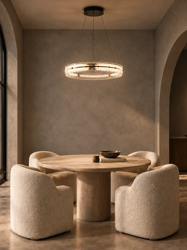 Nova illuminated ring chandelier above a round dining table with upholstered chairs