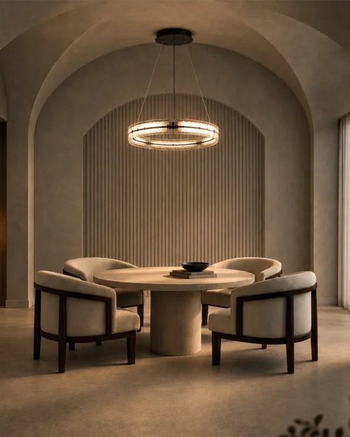 Nova Chandelier Modern Dining Room Nova circular chandelier suspended above a round dining table in a contemporary dining room